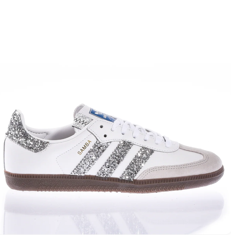 adidas Samba White Sneakers with Silver Glitter Stripes