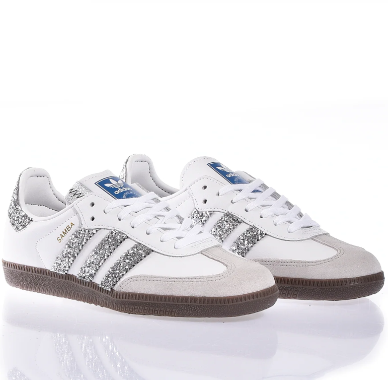 adidas Samba White Sneakers with Silver Glitter Stripes