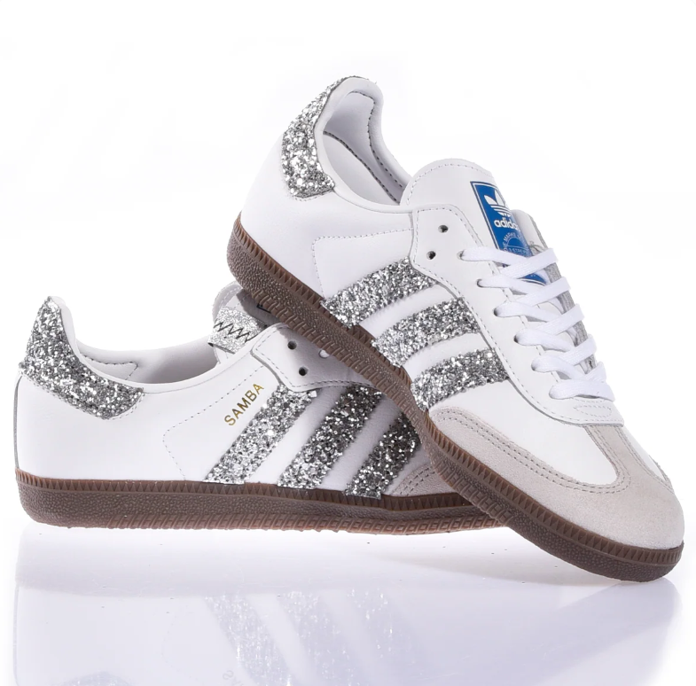 adidas Samba White Sneakers with Silver Glitter Stripes