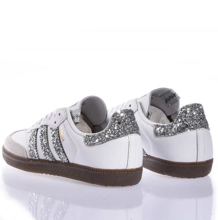 adidas Samba White Sneakers with Silver Glitter Stripes