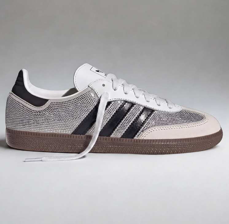 adidas Silver Rhinestone-Detail Sneakers with Black Stripes and Brown Sole