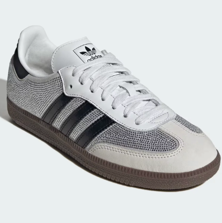 adidas Silver Rhinestone-Detail Sneakers with Black Stripes and Brown Sole