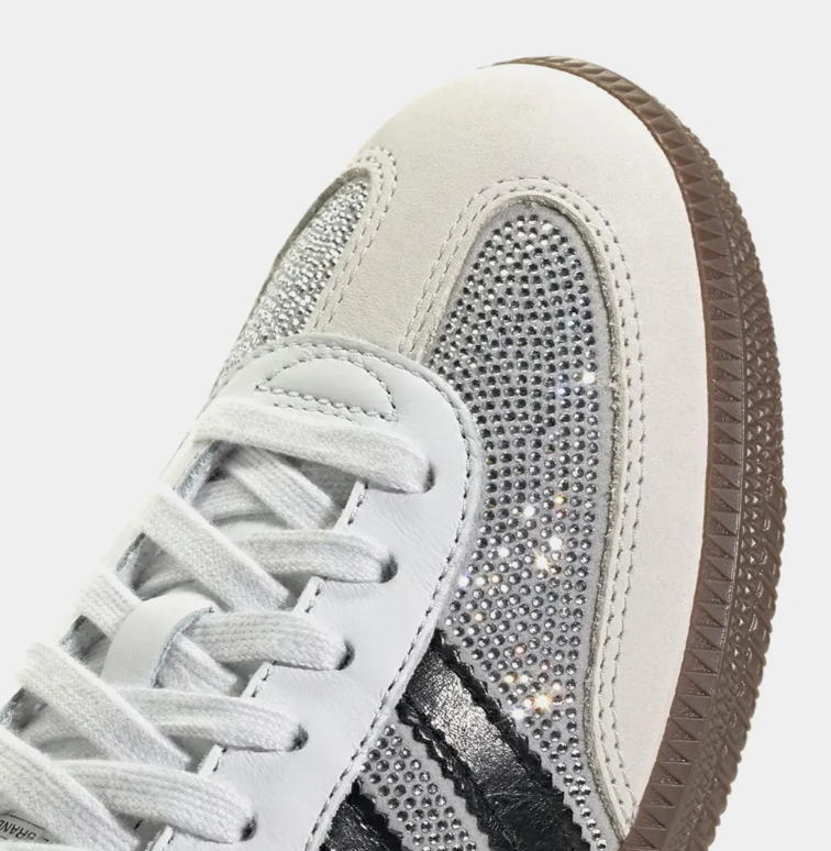 adidas Silver Rhinestone-Detail Sneakers with Black Stripes and Brown Sole