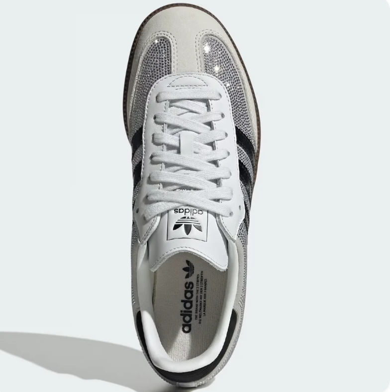 adidas Silver Rhinestone-Detail Sneakers with Black Stripes and Brown Sole