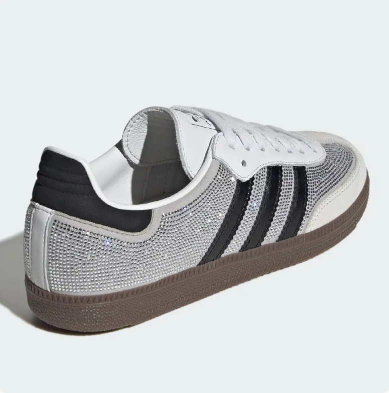 adidas Silver Rhinestone-Detail Sneakers with Black Stripes and Brown Sole