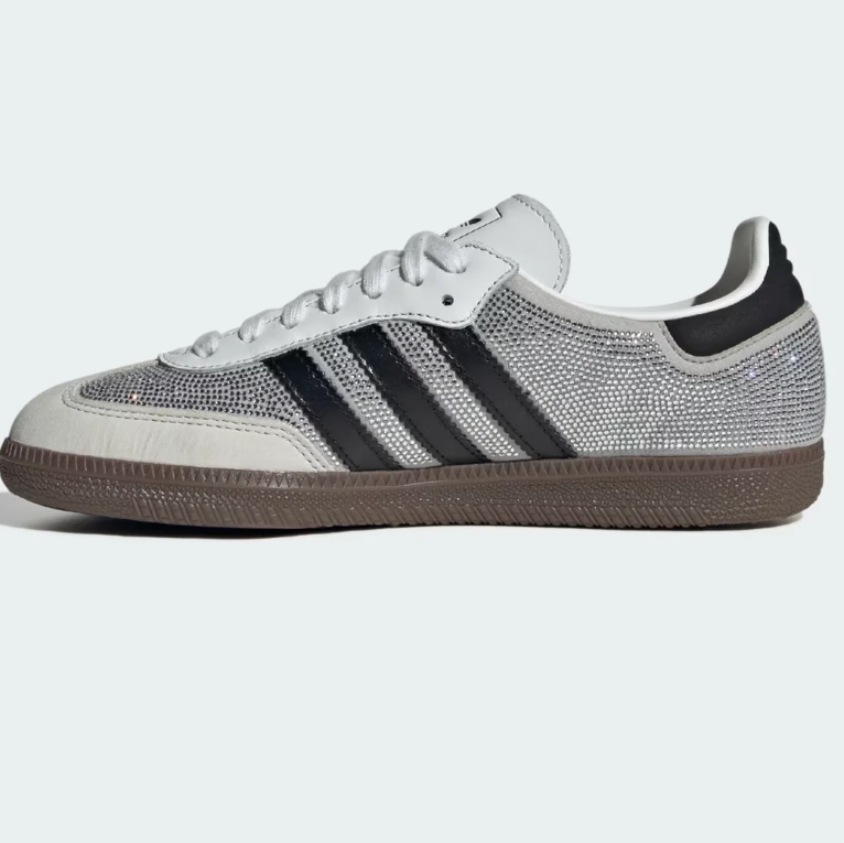 adidas Silver Rhinestone-Detail Sneakers with Black Stripes and Brown Sole