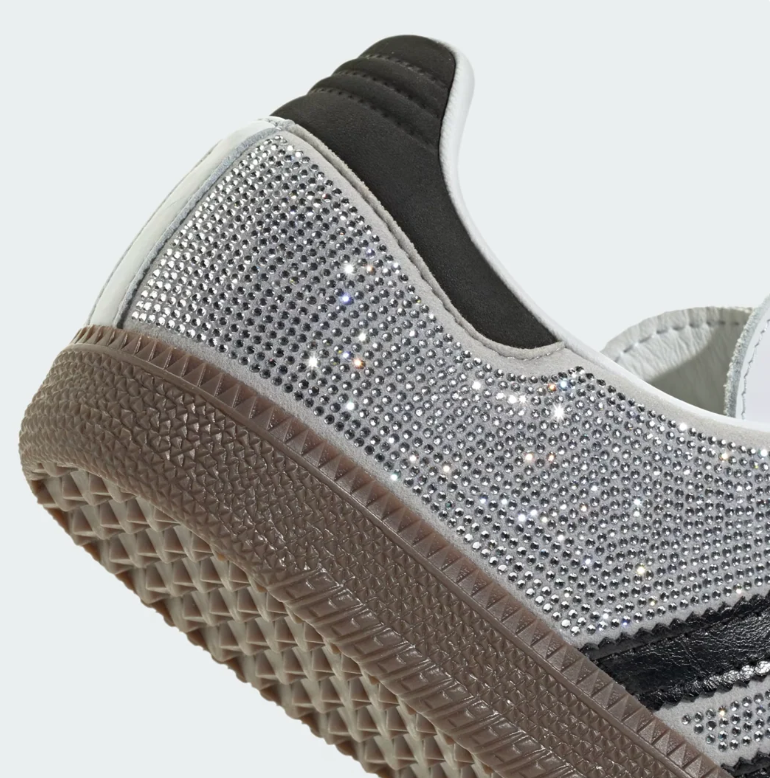 adidas Silver Rhinestone-Detail Sneakers with Black Stripes and Brown Sole