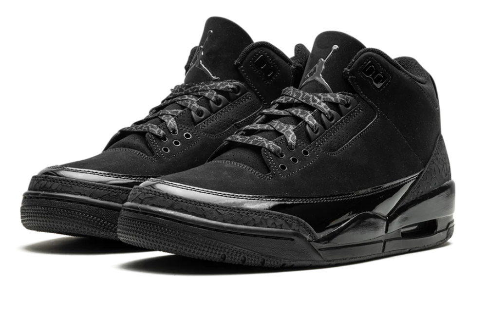 Air Jordan All-Black Sneakers with Glossy Trim and Patterned Laces