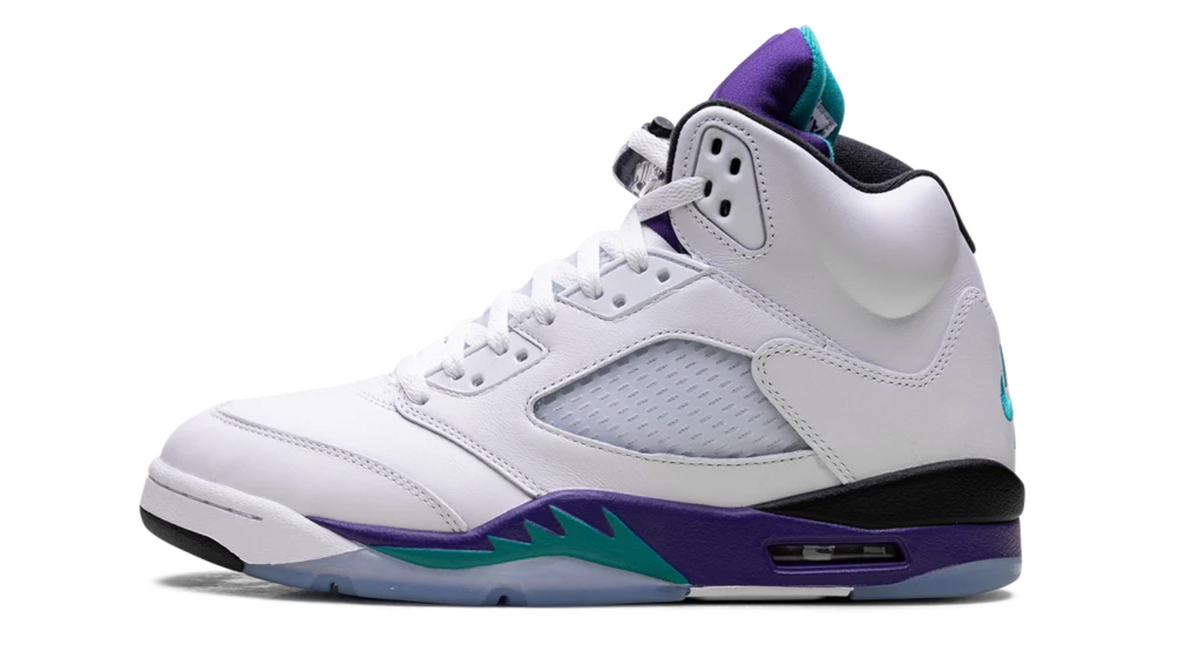Air Jordan White High-Top Sneakers with Purple and Teal Accents
