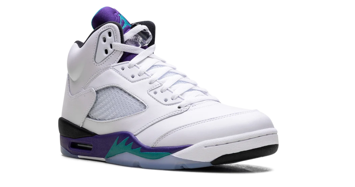 Air Jordan White High-Top Sneakers with Purple and Teal Accents