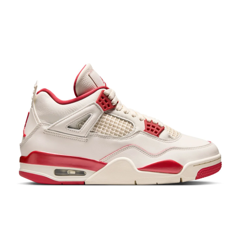 Air Jordan Cream Sneakers with Red Accents and Grid Panels
