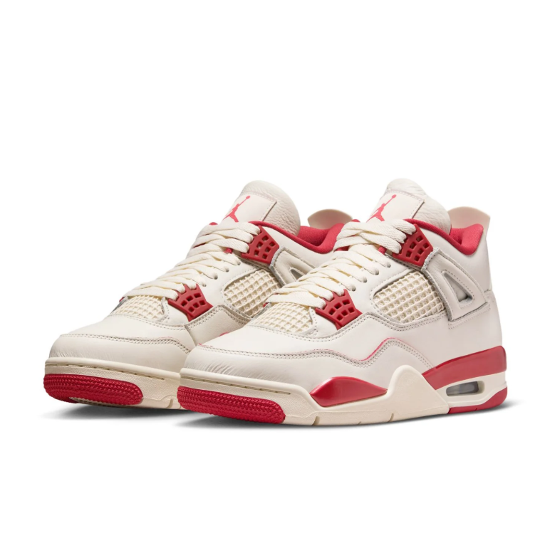 Air Jordan Cream Sneakers with Red Accents and Grid Panels