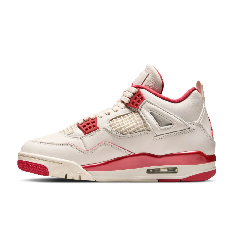 Air Jordan Cream Sneakers with Red Accents and Grid Panels