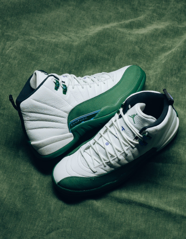 Air Jordan White and Green High-Top Sneakers with Blue Side Accents