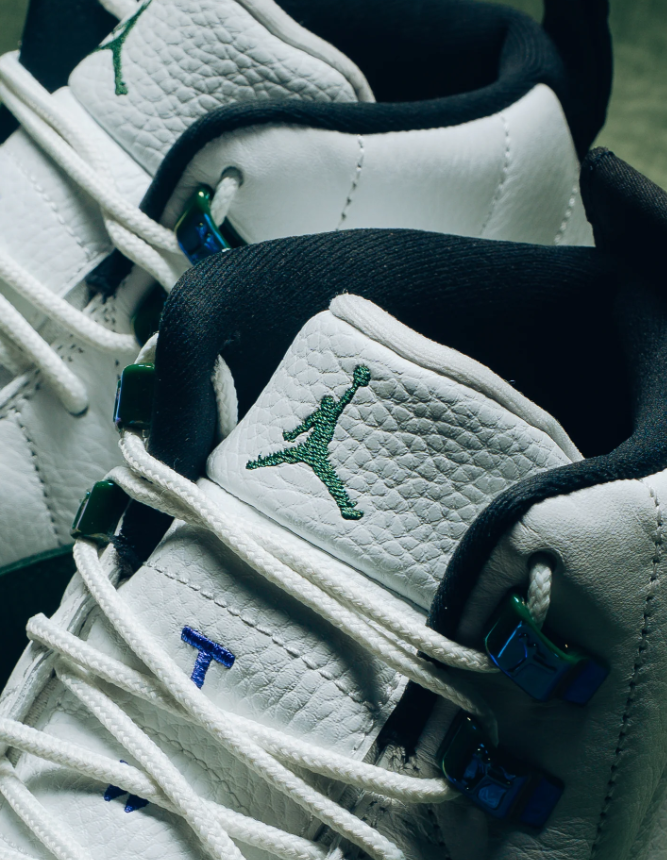 Air Jordan White and Green High-Top Sneakers with Blue Side Accents