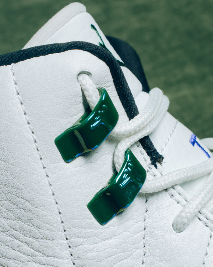 Air Jordan White and Green High-Top Sneakers with Blue Side Accents