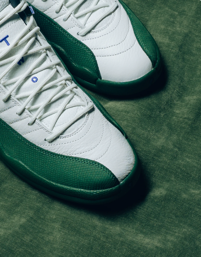 Air Jordan White and Green High-Top Sneakers with Blue Side Accents