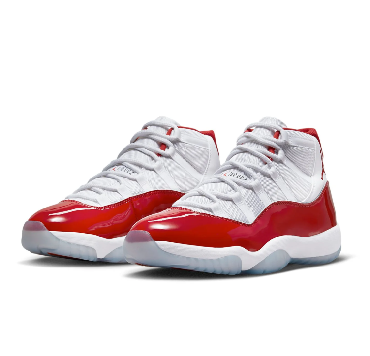 Air Jordan White and Red High-Top Sneakers with Glossy Trim