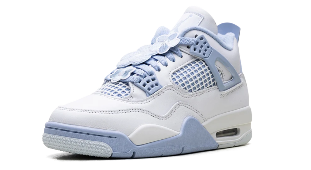 Air Jordan White and Pale Blue Sneakers with Floral Lace Details