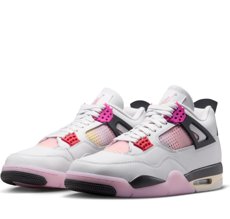 Air Jordan Light Gray Sneakers with Pink Gradient Panels and Bright Lace Accents