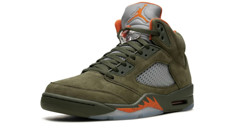 Air Jordan Olive Green High-Top Sneakers with Orange and Silver Accents
