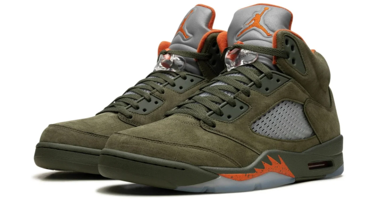 Air Jordan Olive Green High-Top Sneakers with Orange and Silver Accents