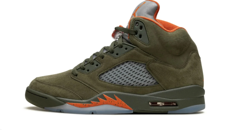 Air Jordan Olive Green High-Top Sneakers with Orange and Silver Accents