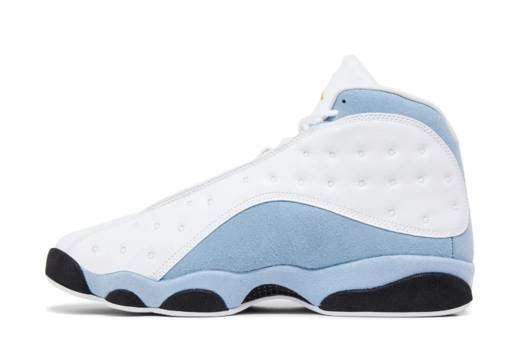 Air Jordan White and Pale Blue High-Top Sneakers with Yellow Accents