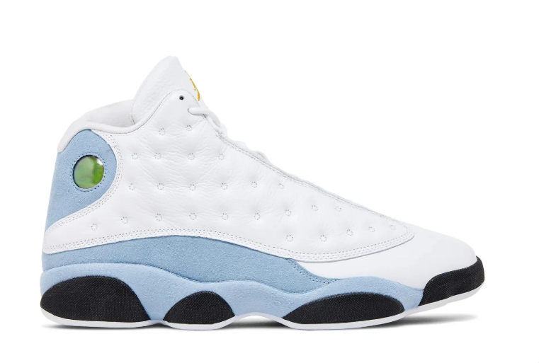 Air Jordan White and Pale Blue High-Top Sneakers with Yellow Accents