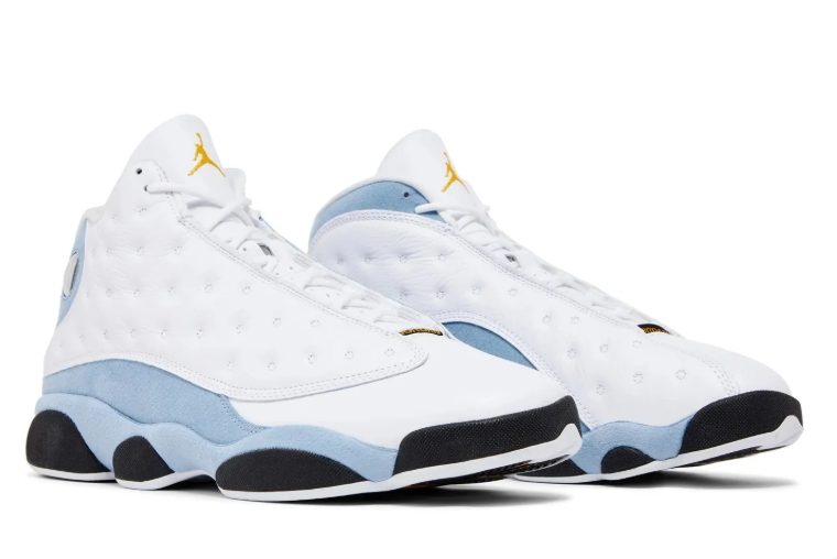 Air Jordan White and Pale Blue High-Top Sneakers with Yellow Accents