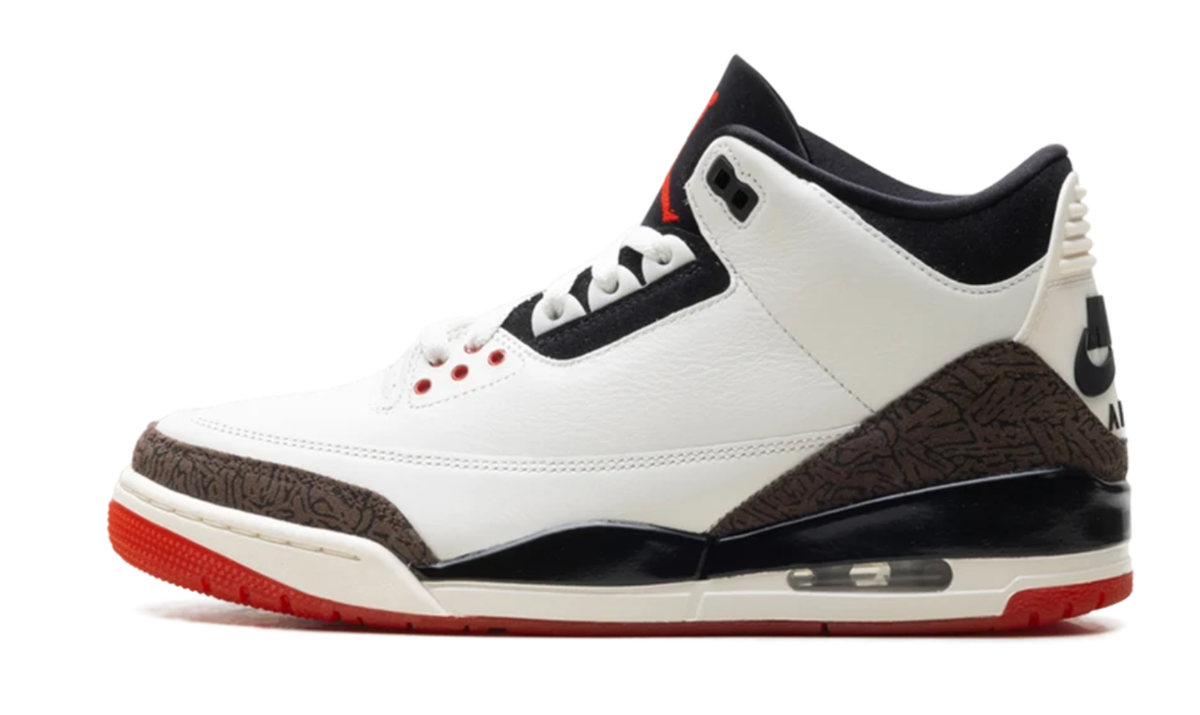 Air Jordan White Sneakers with Brown Crackle-Pattern Trim and Red Outsole