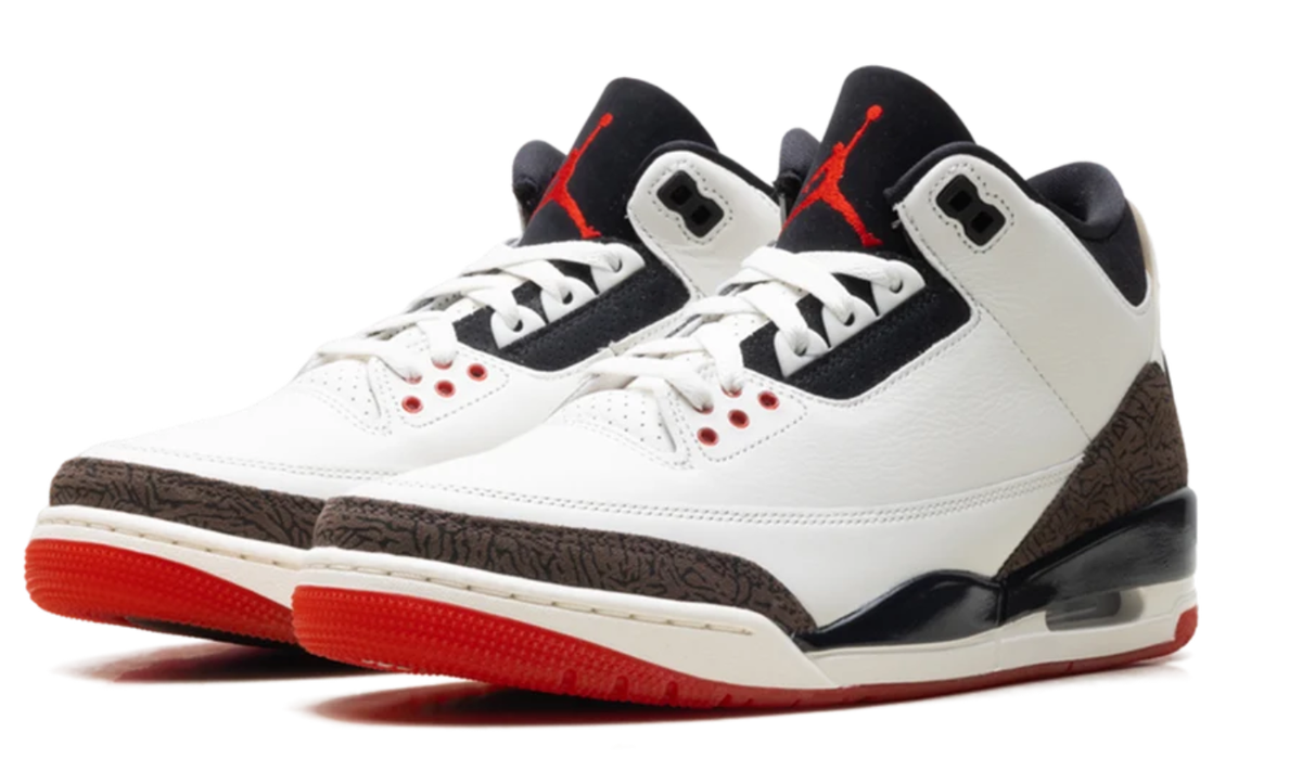 Air Jordan White Sneakers with Brown Crackle-Pattern Trim and Red Outsole
