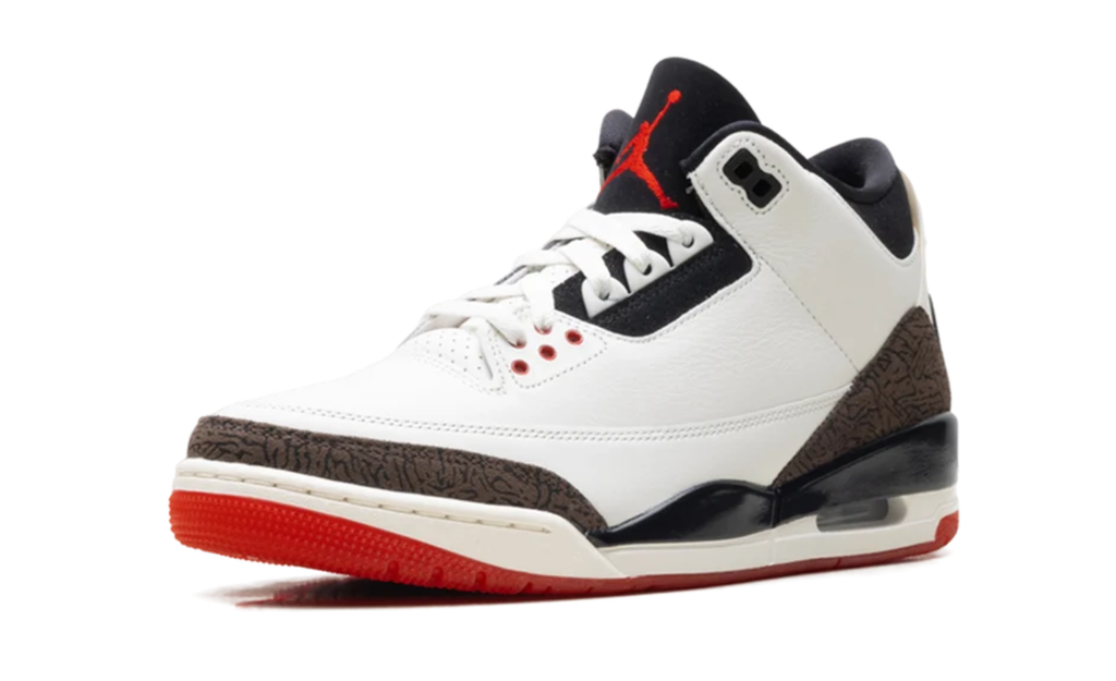 Air Jordan White Sneakers with Brown Crackle-Pattern Trim and Red Outsole