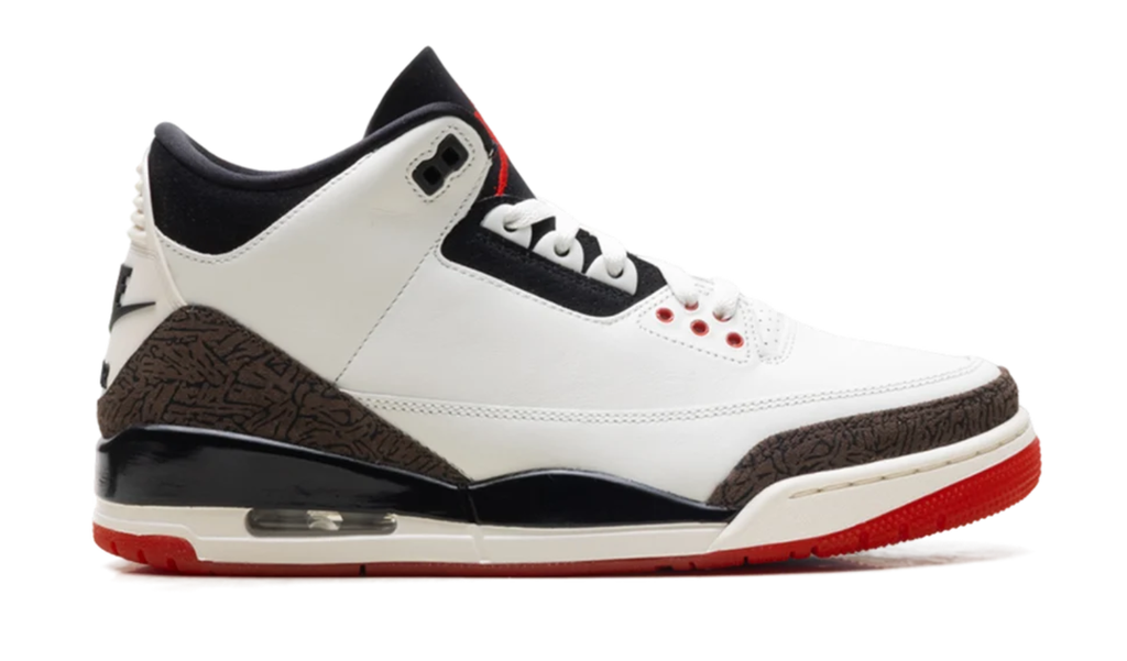Air Jordan White Sneakers with Brown Crackle-Pattern Trim and Red Outsole