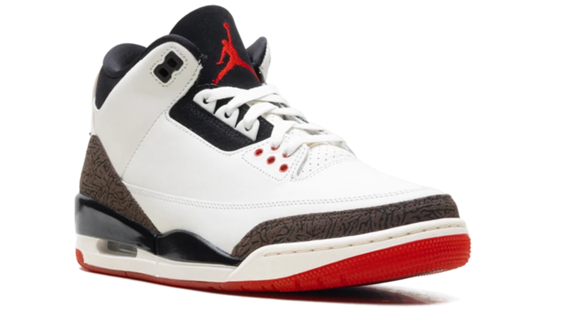 Air Jordan White Sneakers with Brown Crackle-Pattern Trim and Red Outsole
