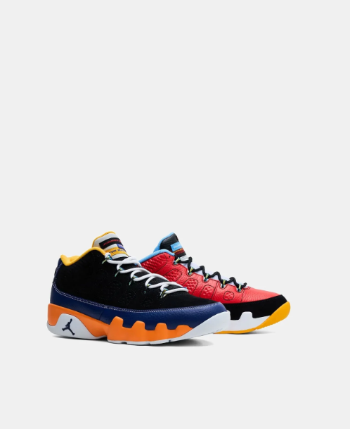 Air Jordan Mismatched Red and Black Sneakers with Multicolor Accents