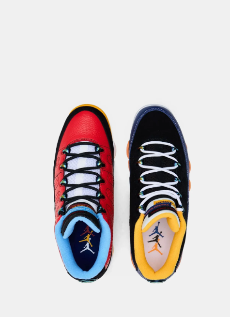 Air Jordan Mismatched Red and Black Sneakers with Multicolor Accents