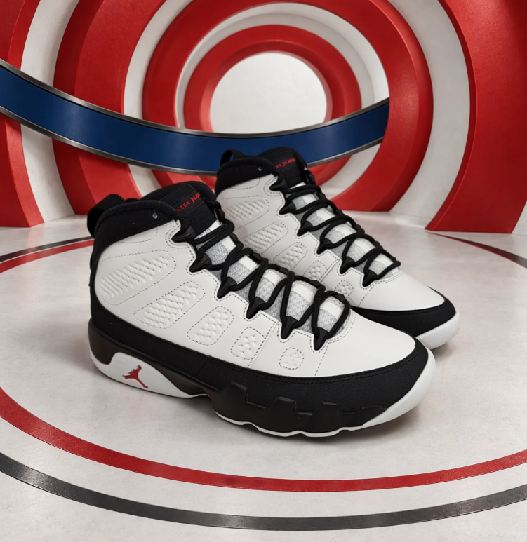 Air Jordan White and Black High-Top Sneakers with Red Heel Details