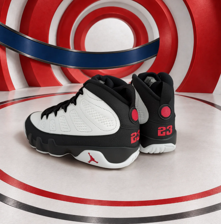 Air Jordan White and Black High-Top Sneakers with Red Heel Details