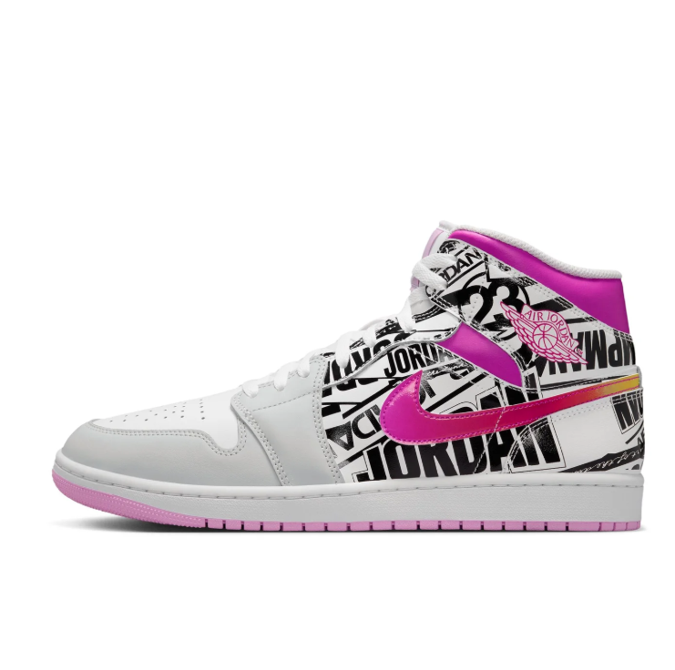 Air Jordan White Graphic High-Top Sneakers with Pink Swoosh and Outsole