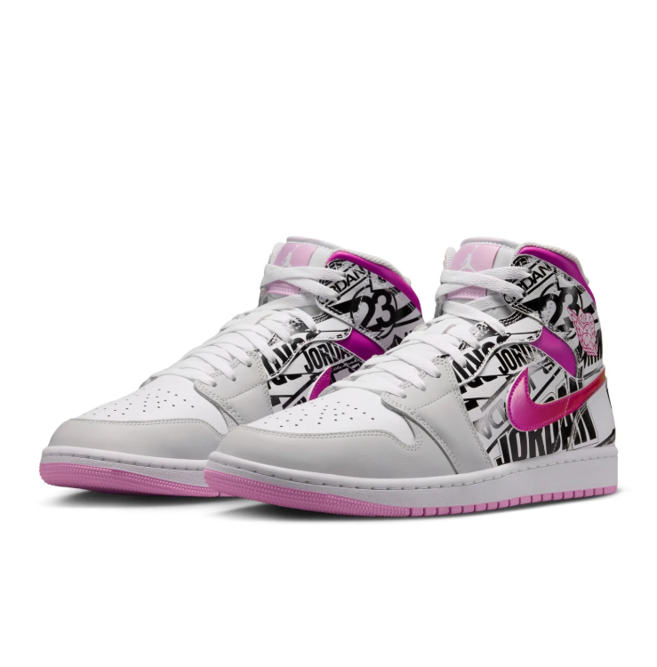 Air Jordan White Graphic High-Top Sneakers with Pink Swoosh and Outsole