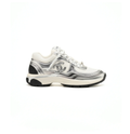CHANEL White and Metallic Silver Sneakers with Double-C Logo