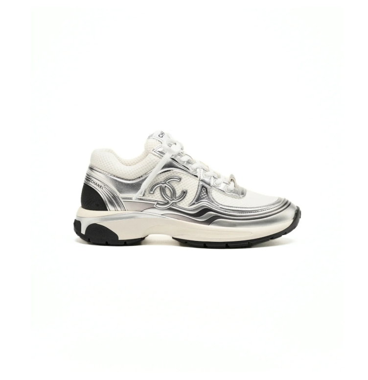 CHANEL White and Metallic Silver Sneakers with Double-C Logo
