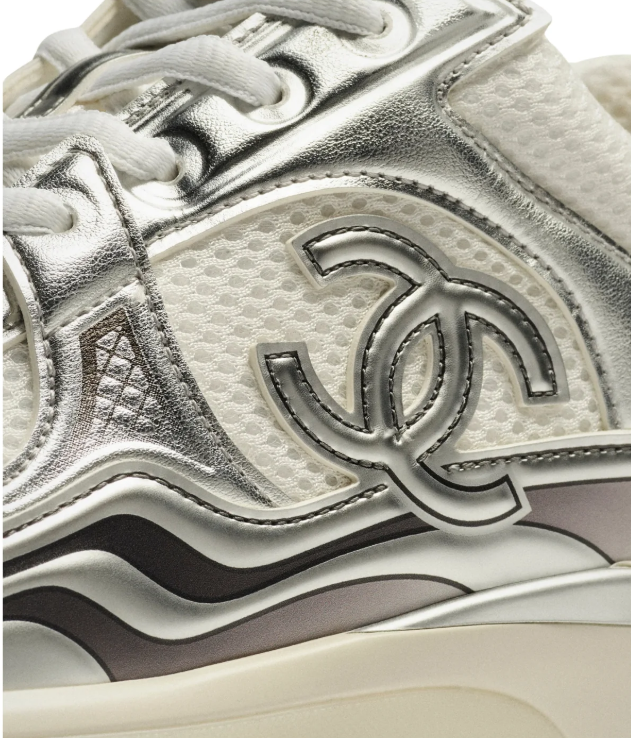 CHANEL White and Metallic Silver Sneakers with Double-C Logo