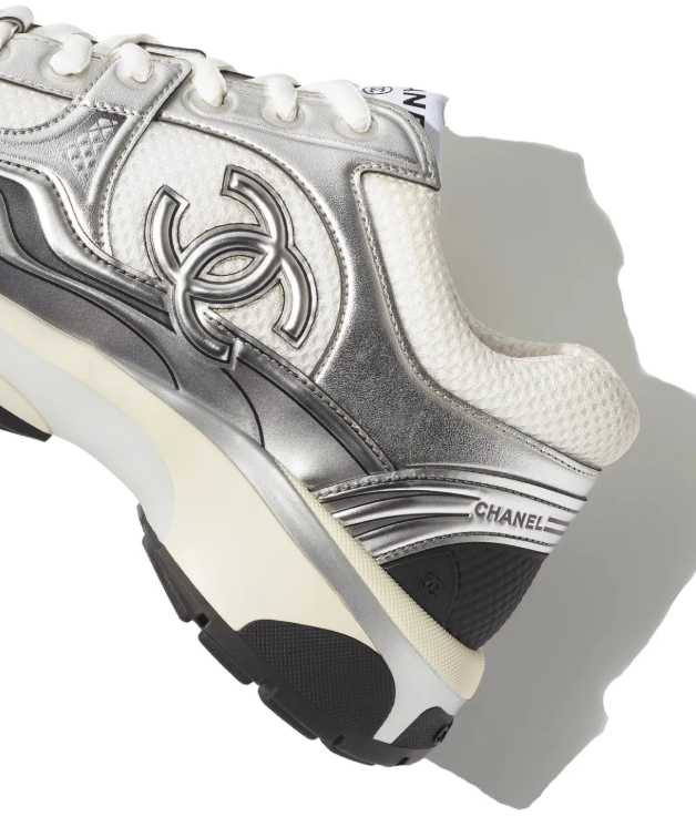 CHANEL White and Metallic Silver Sneakers with Double-C Logo