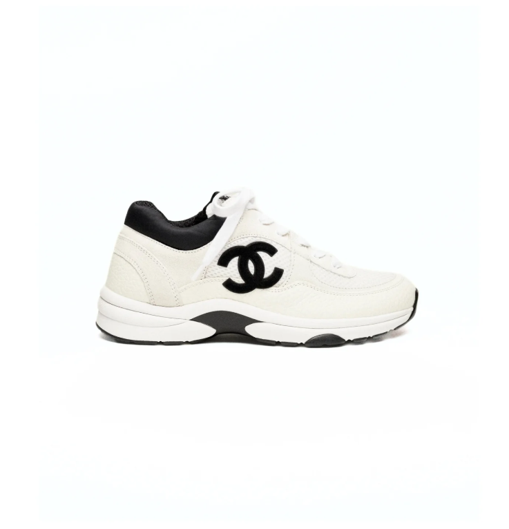 CHANEL White Low-Top Sneakers with Black Double-C Logo