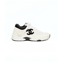 CHANEL White Low-Top Sneakers with Black Double-C Logo