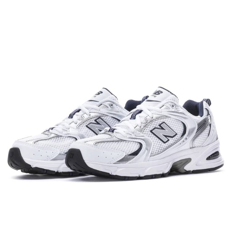New Balance 530 White and Silver Sneakers with Dark Accents