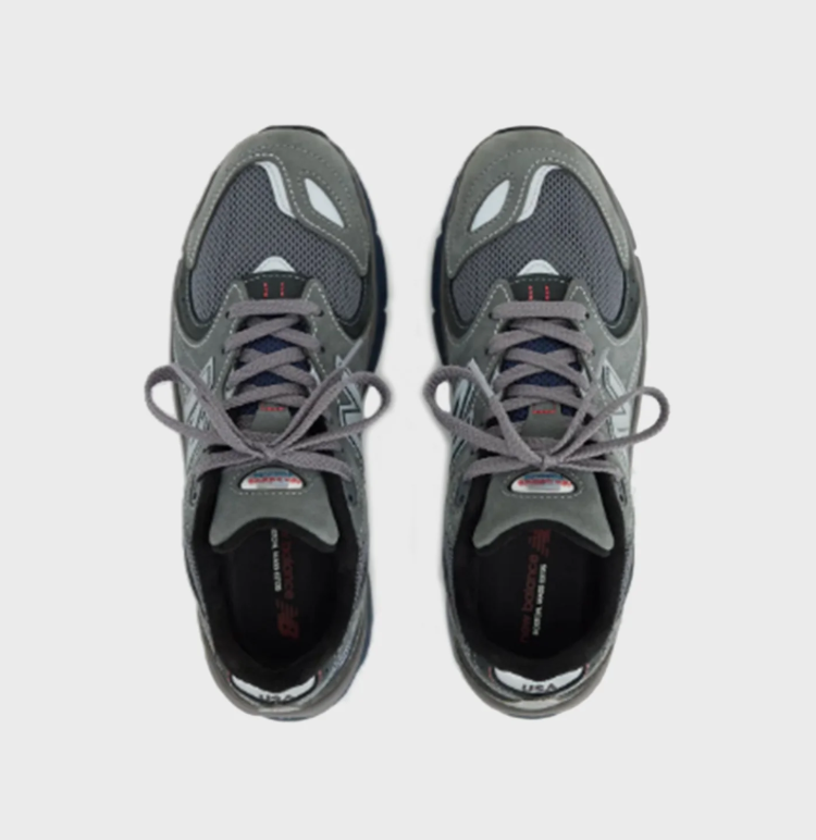 New Balance 990 Gray Sneakers with Blue Heel Accents