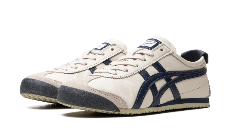 Onitsuka Tiger Cream Low-Top Sneakers with Navy Stripes
